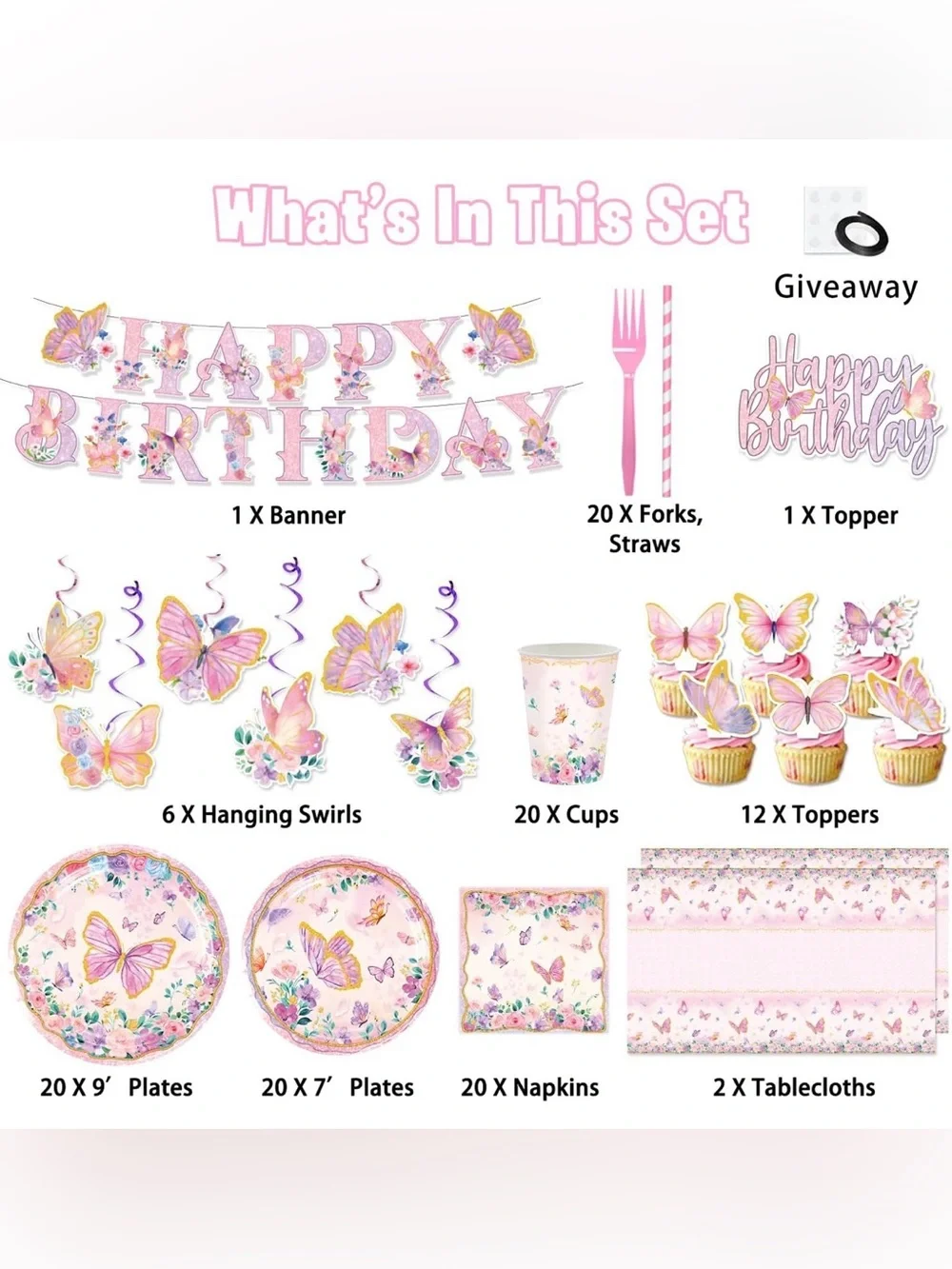 Disposable Pink Party Tableware Set - Cups, Forks & Plates